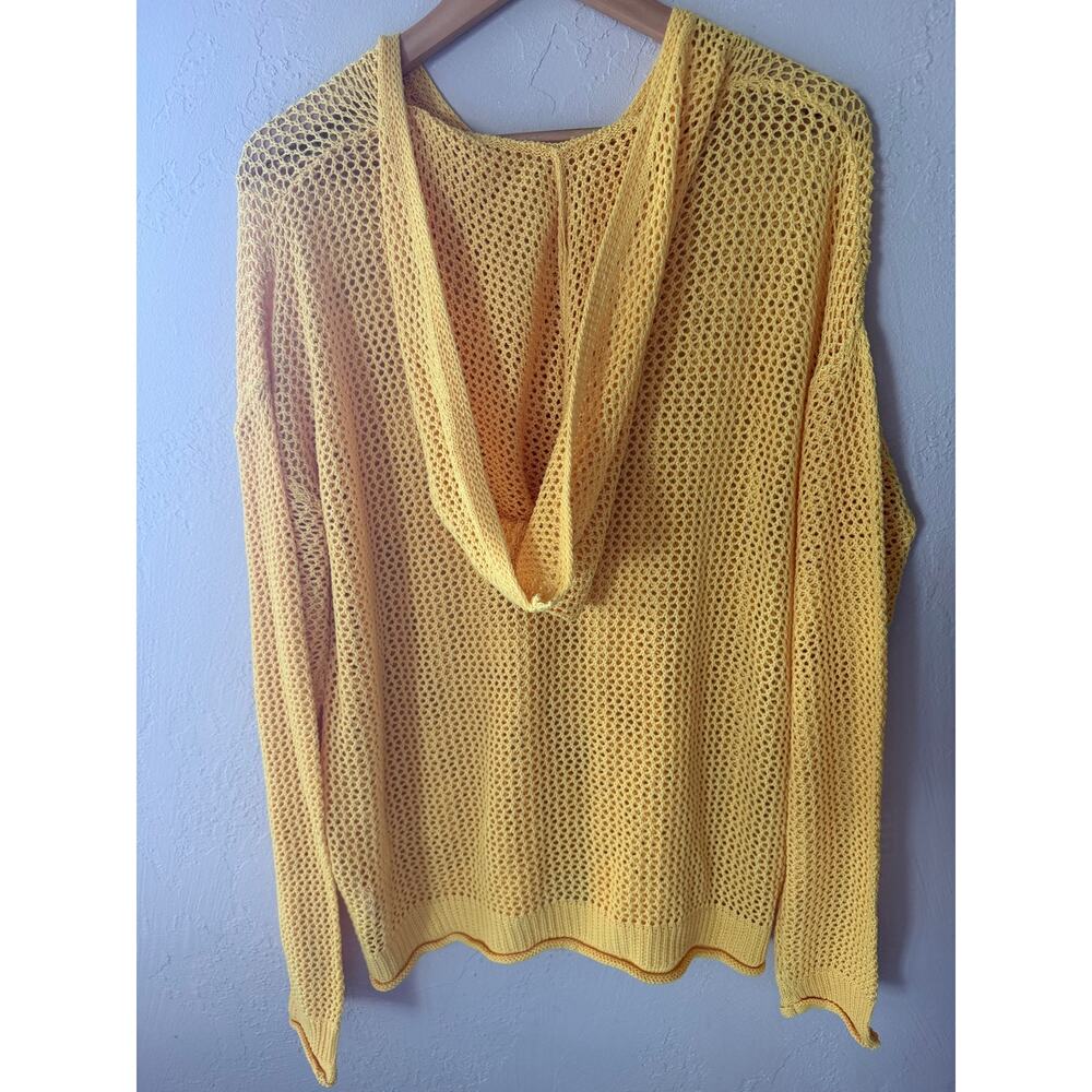 Yellow Open Knit XXL Lightweight Hooded Pullover Sheer Mesh Beach Cover Up - Picture 3 of 7